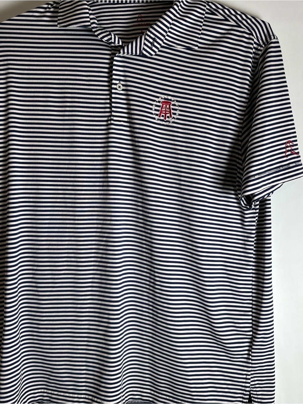 Rhoback Navy & White Striped Performance Polo With Barstool Logo